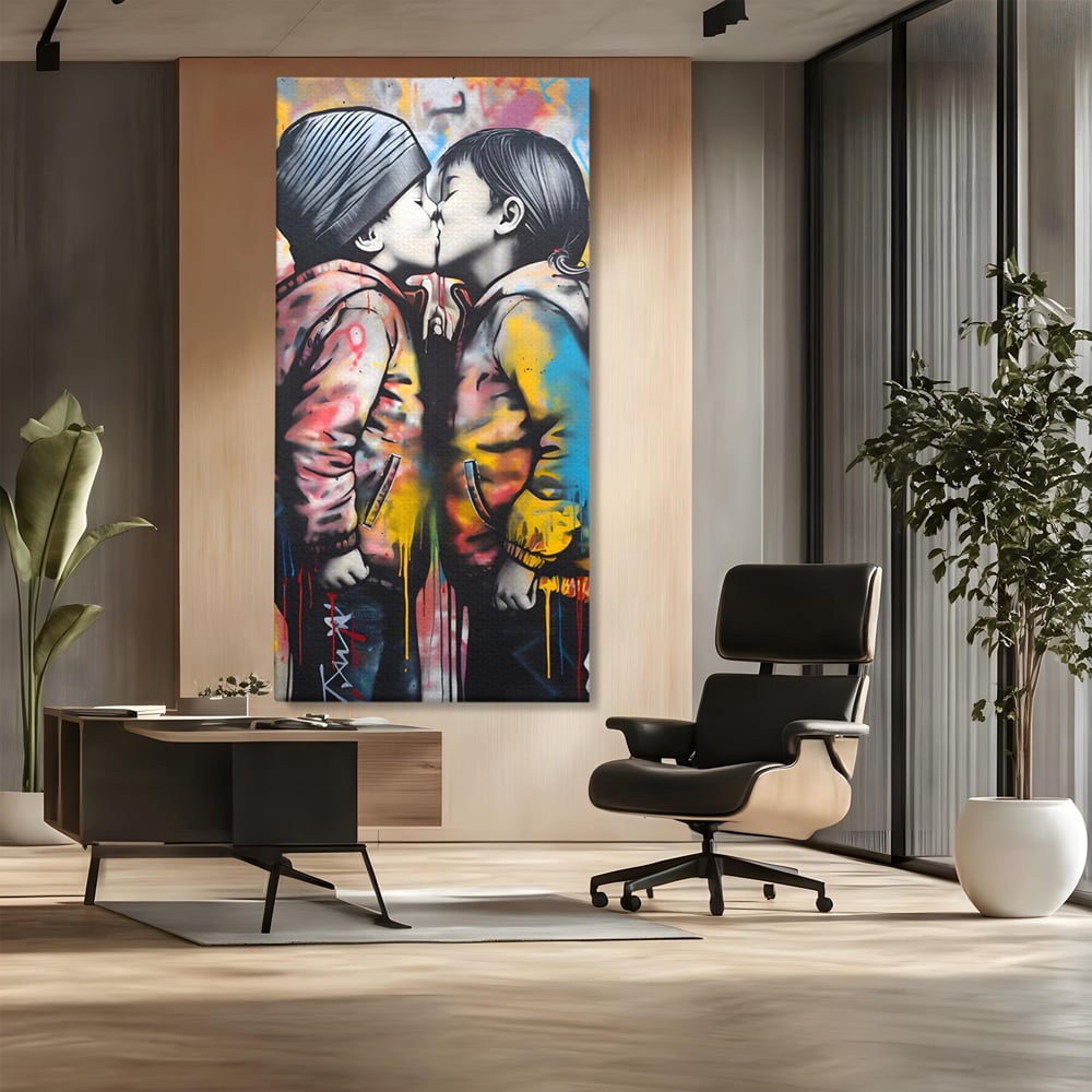 Tablou canvas cu tablou canvas cu doi copii sarutandu-se, fara rama, pe sasiu de lemn, pe perete intr-un birou